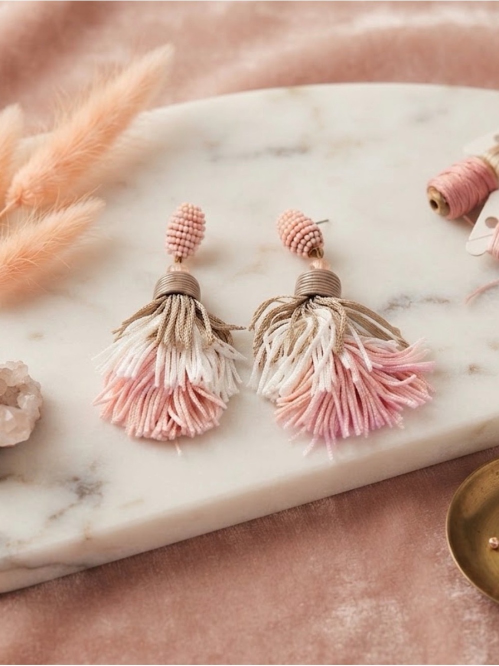 Handmade Pink & Cream Tassel Drop Earrings